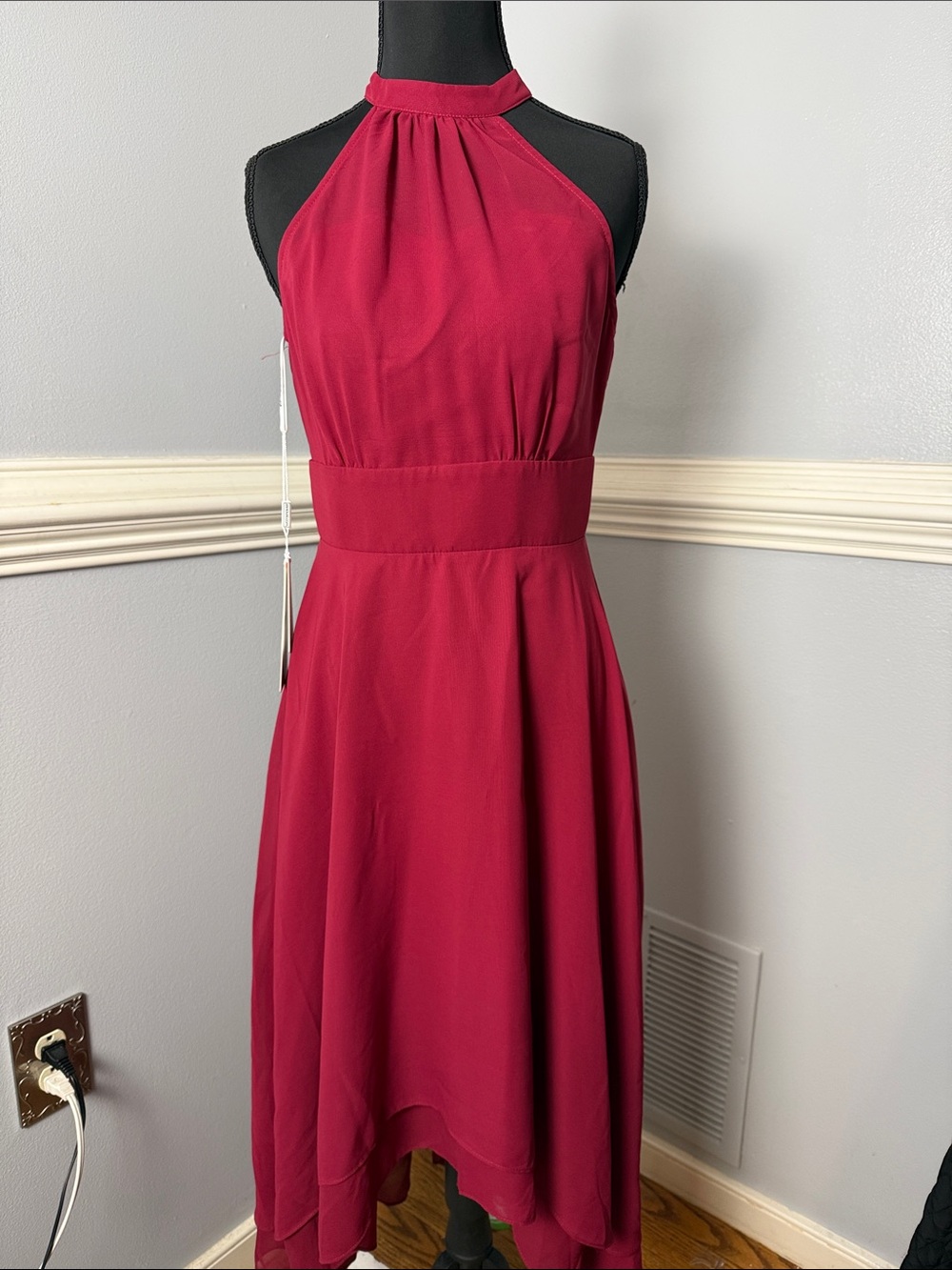 JJs House Burgundy High-Low Halter Dress